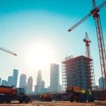 Workers and cranes active on a construction site representing Texas construction news.