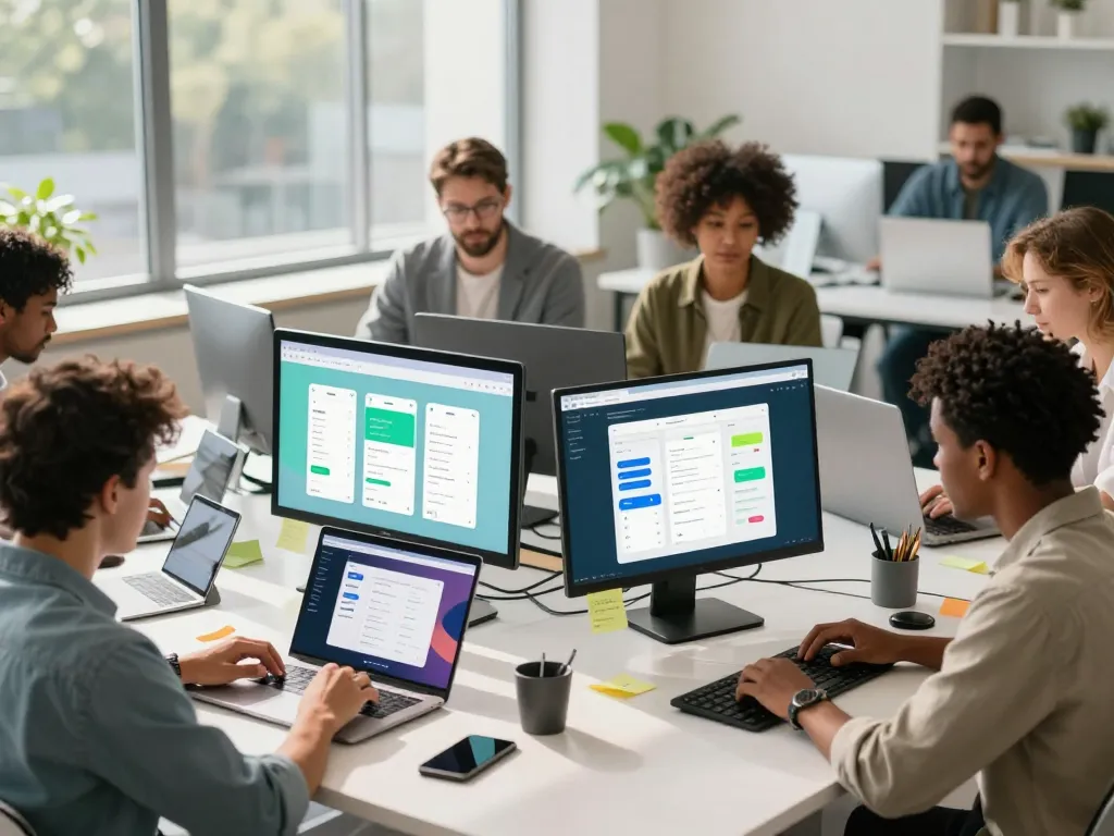 No code app builder tools in a modern workspace with diverse people collaborating on app designs.
