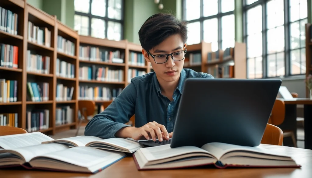 Engaging scene of a student using exam help resources in a library.