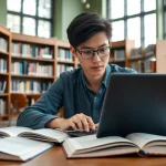Engaging scene of a student using exam help resources in a library.
