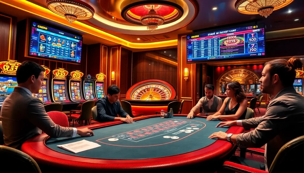 Joueurs appréciant le poker dans un casino en ligne, avec des machines à sous illuminées et une roue de roulette.