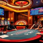 Joueurs appréciant le poker dans un casino en ligne, avec des machines à sous illuminées et une roue de roulette.
