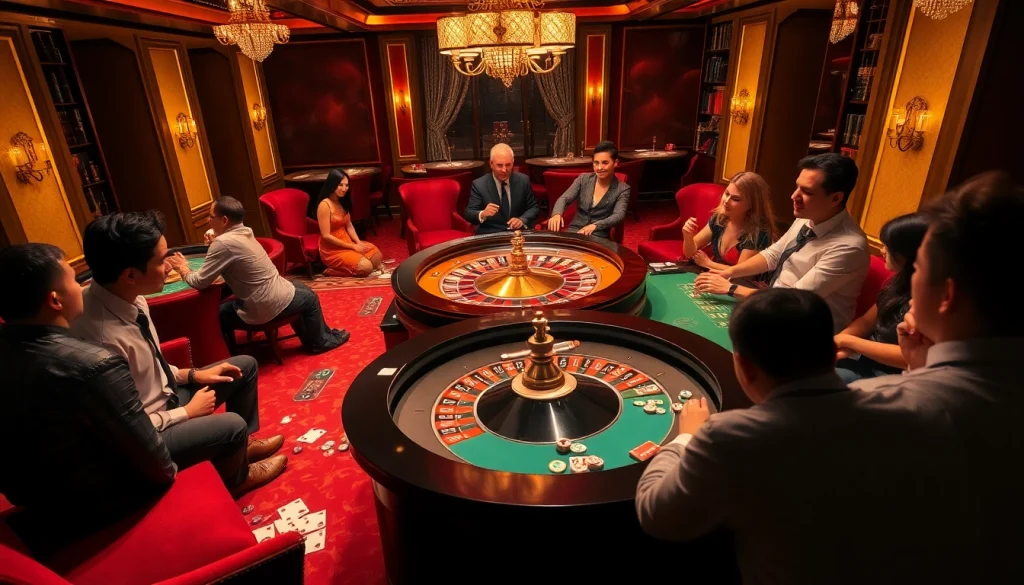 kg88 gamblers enjoying a thrilling game at a luxurious roulette table in a vibrant casino.
