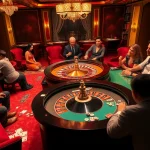 kg88 gamblers enjoying a thrilling game at a luxurious roulette table in a vibrant casino.
