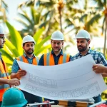 Hawaii construction news updates featuring construction workers collaborating on plans.