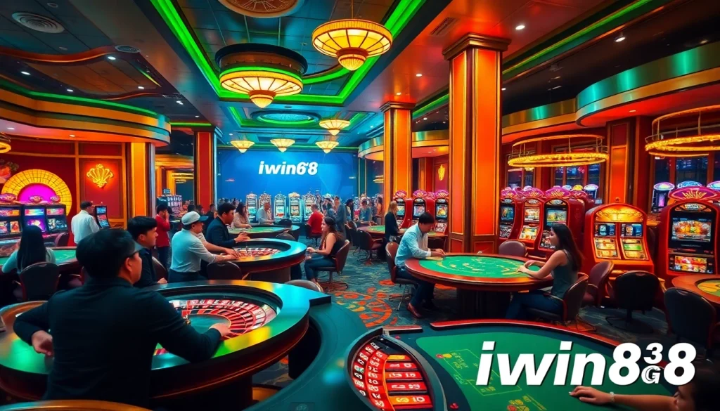 Iwin68 captures the thrilling atmosphere of a luxurious casino filled with excited players at tables and slot machines.