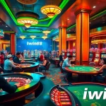 Iwin68 captures the thrilling atmosphere of a luxurious casino filled with excited players at tables and slot machines.