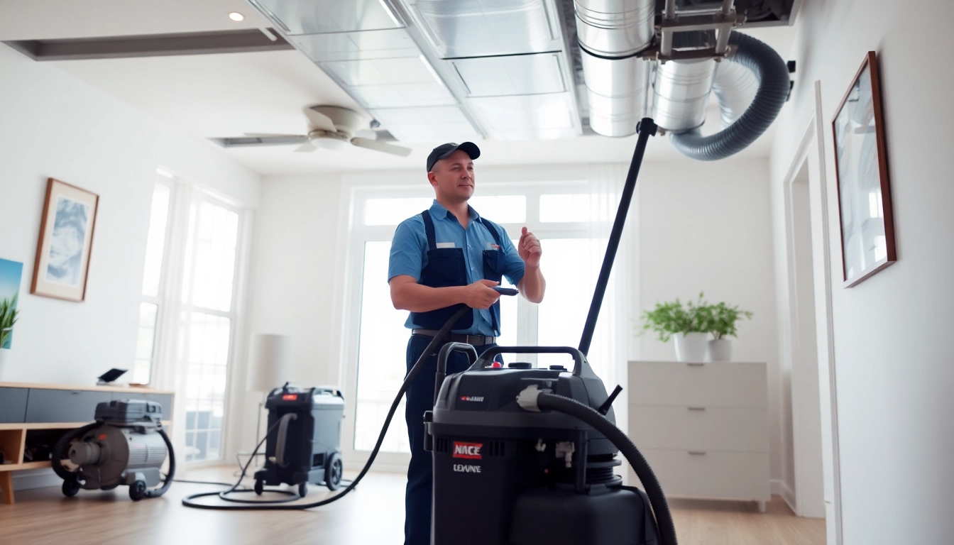 Expert technician performing an Air Duct Cleaning Service, enhancing indoor air quality with professional equipment.