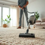 Expert performing carpet cleaning roseville ca in a well-lit living room setting.