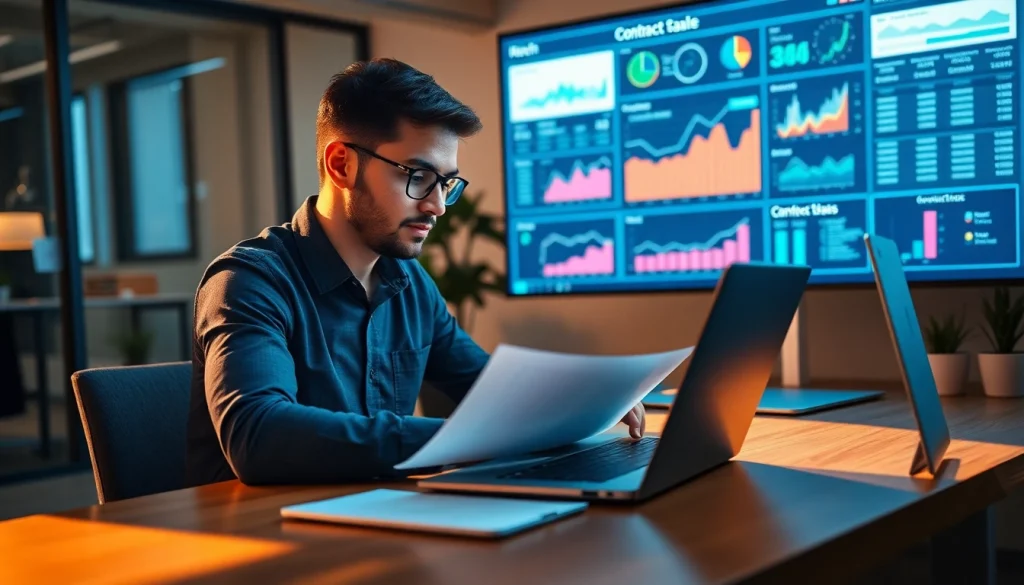 Enhance Contract Management efficiency with a focused professional analyzing digital documents.