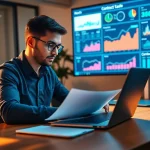 Enhance Contract Management efficiency with a focused professional analyzing digital documents.