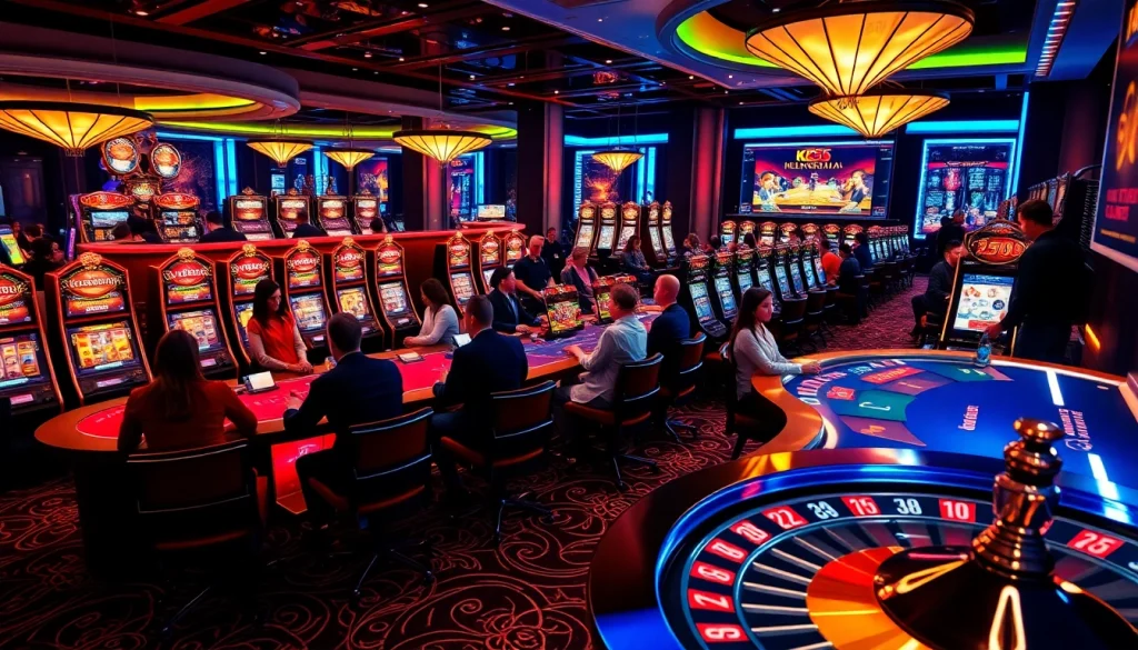 Gamblers enjoying a thrilling experience at KK55's modern casino tables and slot machines.