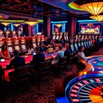 Gamblers enjoying a thrilling experience at KK55's modern casino tables and slot machines.