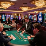 Players enjoying blackjack at a vibrant Vegas casino floor highlighting Da88's thrilling gaming atmosphere.