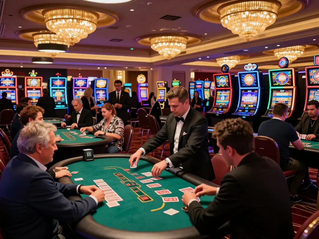 Players enjoying blackjack at a vibrant Vegas casino floor highlighting Da88's thrilling gaming atmosphere.