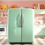 A vibrant retro appliance in a nostalgic kitchen setting, featuring a mint green refrigerator with chrome details.