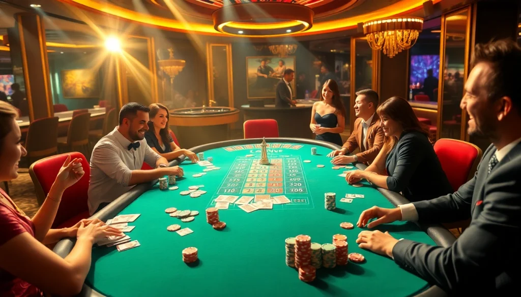 A thrilling sunwin casino scene showcasing poker players at a vibrant table with chips and cards.