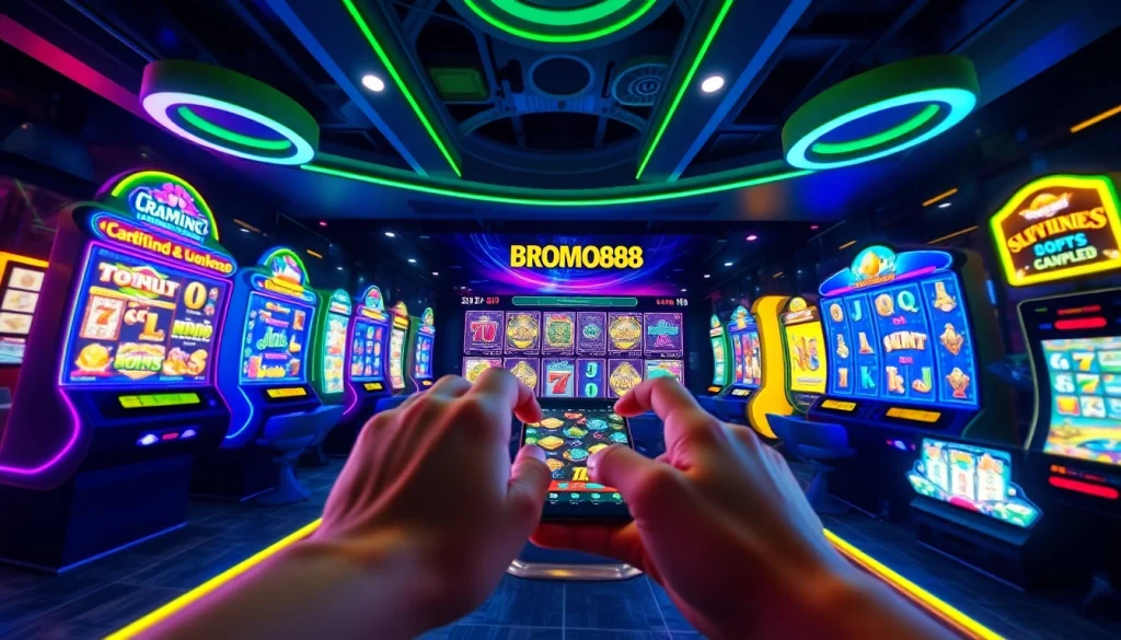 BROMO888 online gaming interface showcasing vibrant slot options with interactive elements.