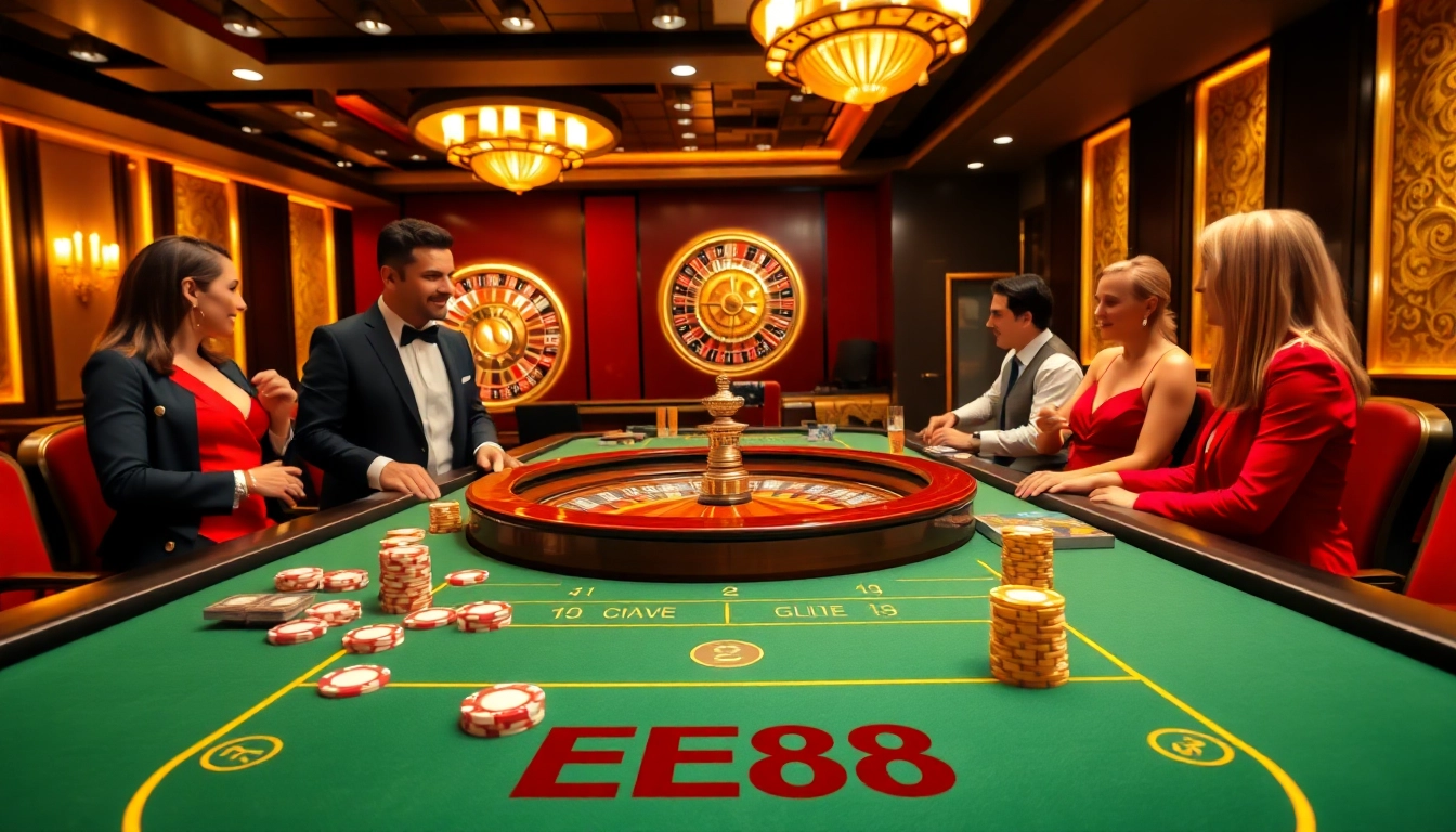 EE88 gaming table showcasing excitement with players engaged in thrilling bets and a spinning roulette wheel.