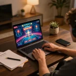 8k8 online player using laptop in strategic gaming setup for responsible gambling