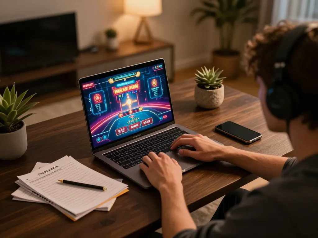 8k8 online player using laptop in strategic gaming setup for responsible gambling