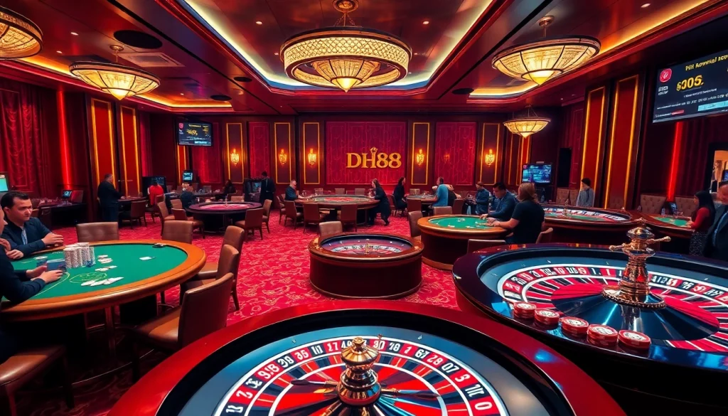 DH88 casino experience with excited players at a luxurious gaming table.