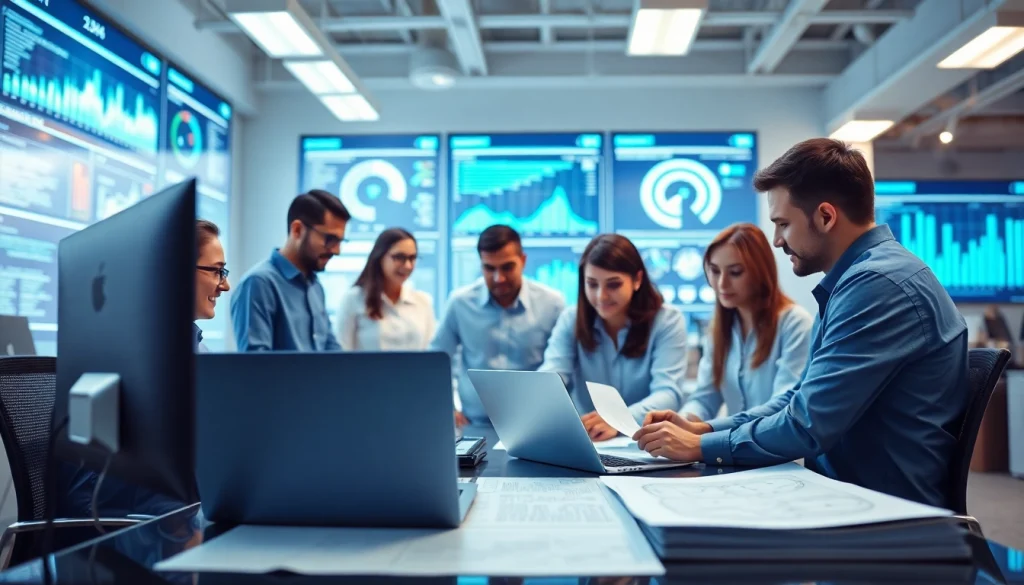 Engineers collaborating on technology solutions at fab tech Industries inc in a modern office.