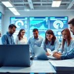 Engineers collaborating on technology solutions at fab tech Industries inc in a modern office.