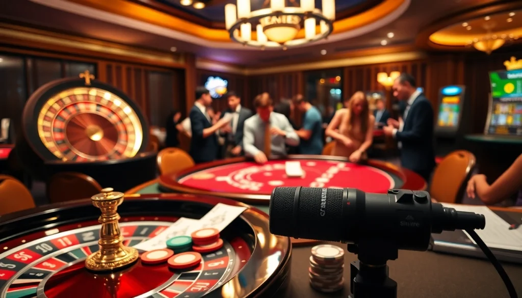 Players enjoying table games while the MV88 microphone records the casino excitement in a luxurious setting.