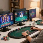 Engaging in online gaming with F8 BET at home, showcasing poker gameplay and strategy