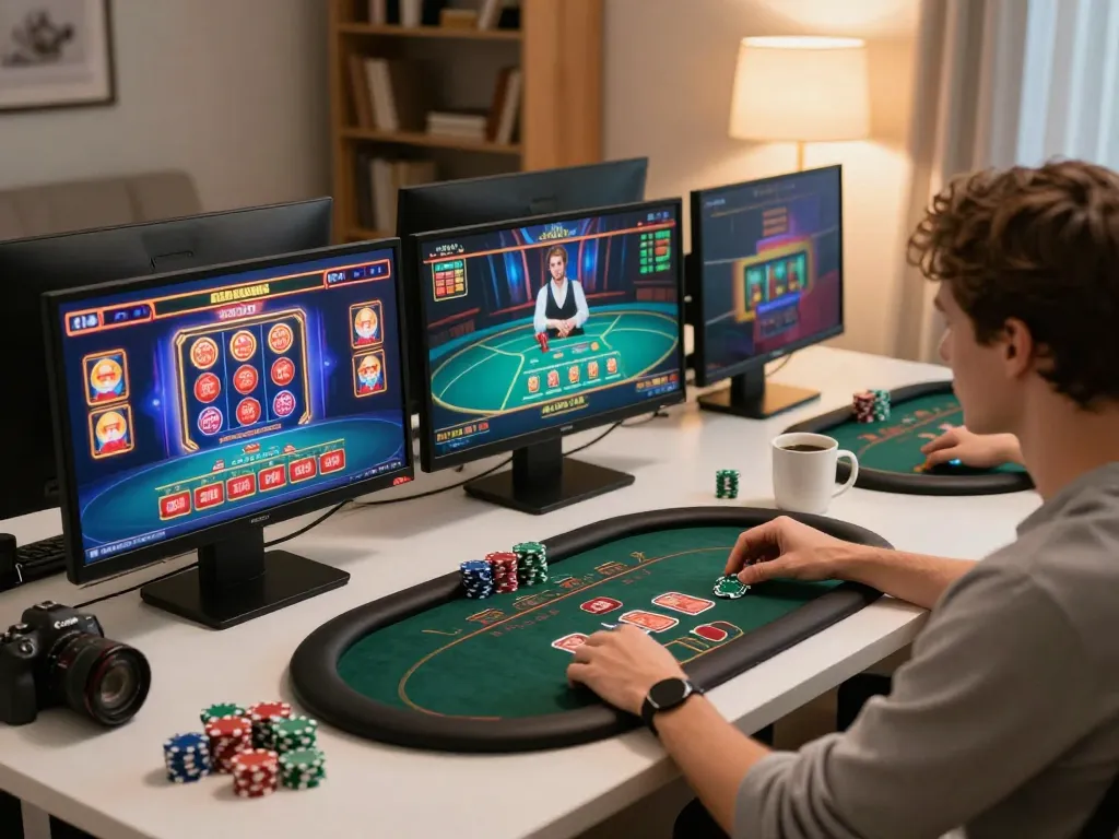 Engaging in online gaming with F8 BET at home, showcasing poker gameplay and strategy