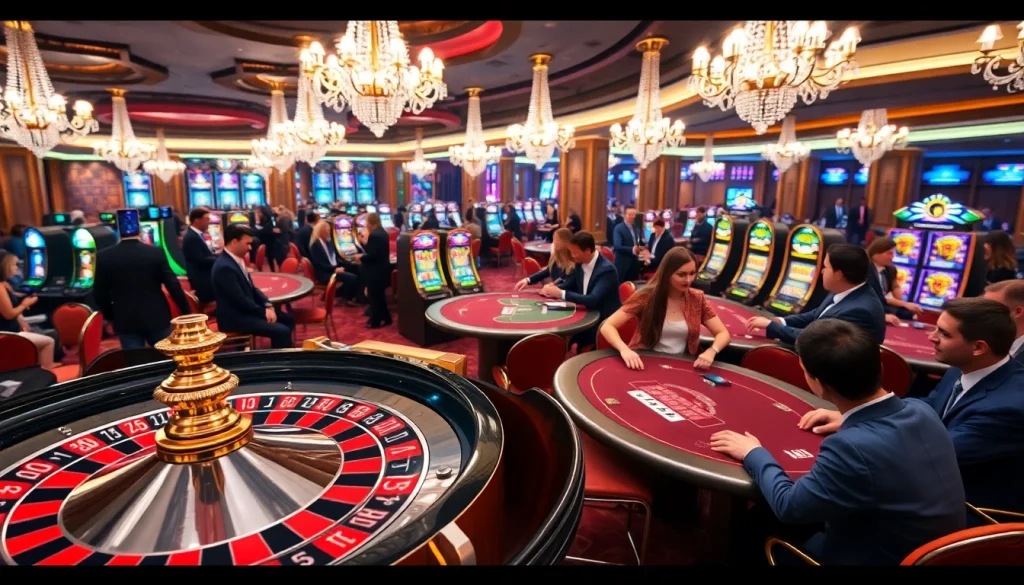 Scène passionnante montrant des joueurs profitant des jeux dans un casino en ligne de luxe, avec de la roulette et du poker.