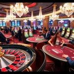 Scène passionnante montrant des joueurs profitant des jeux dans un casino en ligne de luxe, avec de la roulette et du poker.