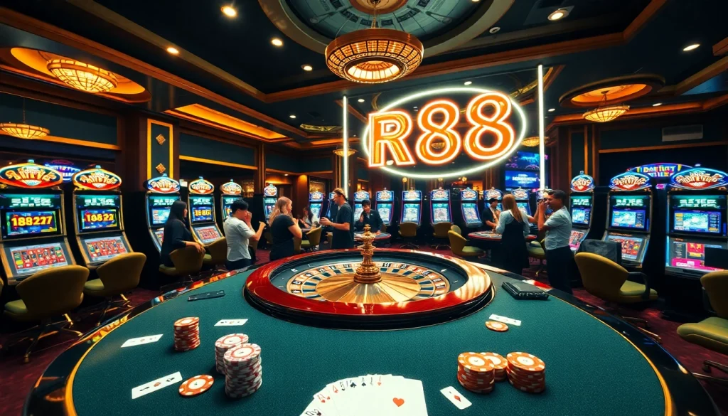 RR88: Excited players engaging in a vibrant casino atmosphere with roulette and slot machines.