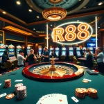 RR88: Excited players engaging in a vibrant casino atmosphere with roulette and slot machines.