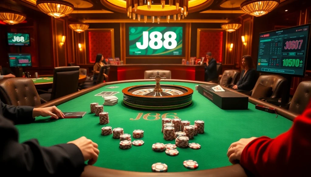 Experience casino excitement at J88 with players engaging at a vibrant gambling table.
