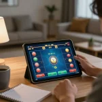 Engaging in tài xỉu online gameplay at home, with a tablet and betting notes on the table.