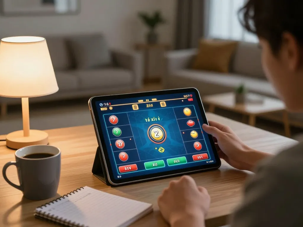 Engaging in tài xỉu online gameplay at home, with a tablet and betting notes on the table.