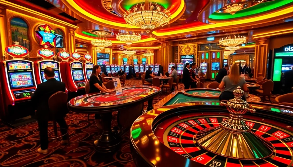 Navigating the exciting world of gaming at https://nohudoithuong.us/ with vibrant slot machines and poker tables.