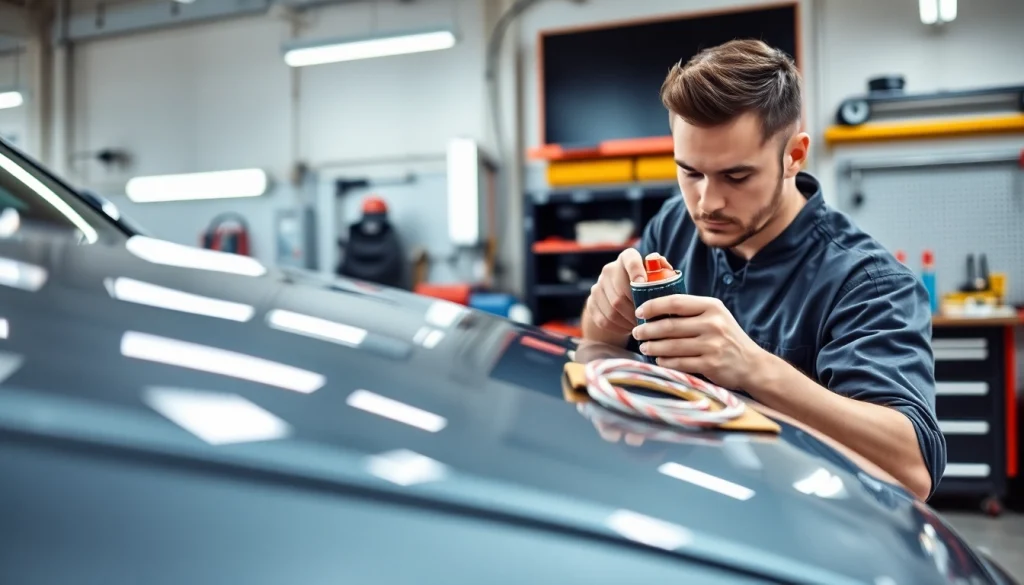 Repairing vehicle scuffs at ScuffDoc with skilled technician in a bright workshop.