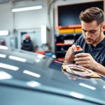 Repairing vehicle scuffs at ScuffDoc with skilled technician in a bright workshop.