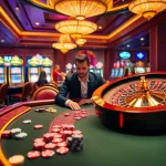 Toto919 casino scene with a professional gambler at a baccarat table amid colorful slot machines.