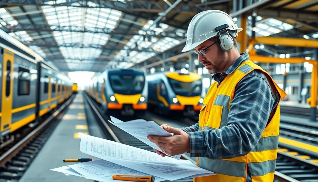 Engineer evaluating a universal rail system in a modern railway yard with trains and tools.