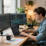 Developer coding with谷歌浏览器 on multiple monitors in a bright workspace, showcasing tech innovation.