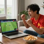 Excited fan enjoying live football on LuongSonTV with high-quality stream.