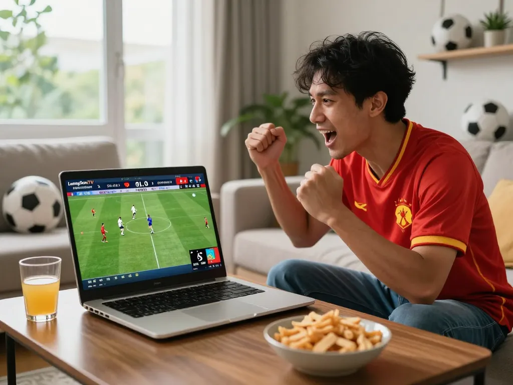 Excited fan enjoying live football on LuongSonTV with high-quality stream.