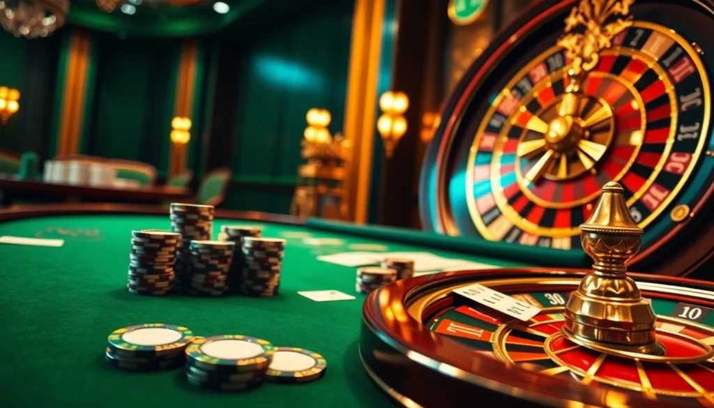 Experience the thrill of NK88 at a luxurious casino with poker chips and elegant roulette.