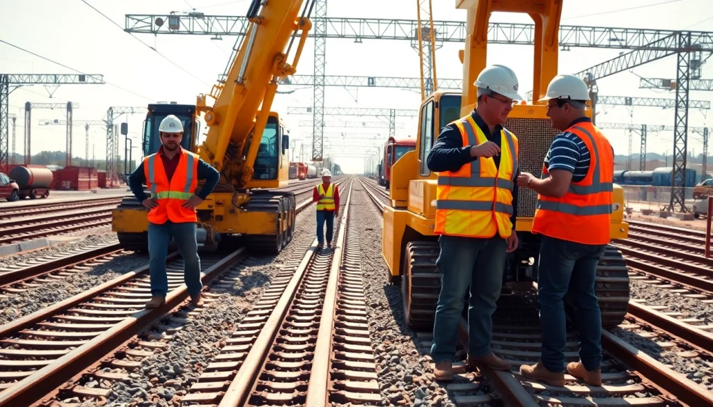 Railroad Contractors overseeing track construction with heavy machinery on site.