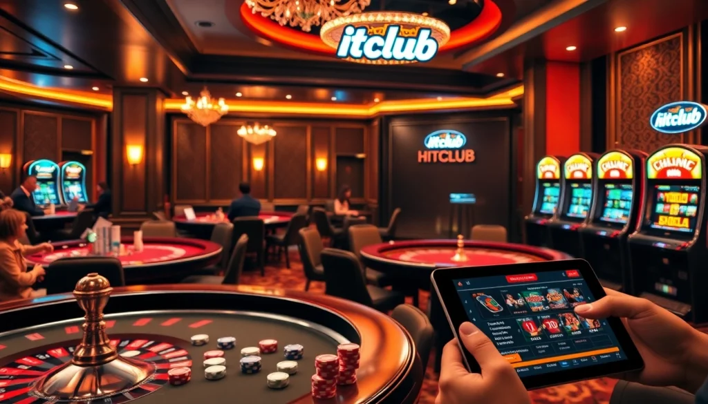 Hitclub gaming room showcasing strategic poker gameplay and vibrant slot machines.