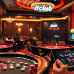 Hitclub gaming room showcasing strategic poker gameplay and vibrant slot machines.